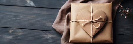 Love Letter with Heart Seal in Craft Envelope on Wooden Background Spaceの素材
