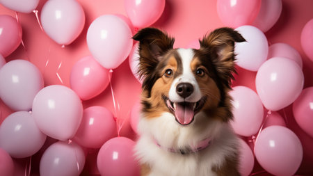 Charming Border Collie Holding Heart Shaped Balloon for Valentines Theme High Resolution Imageの素材