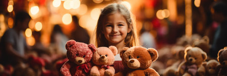 Kid Getting Teddy Bear at Charity Function with Vibrant, Blurry Backdropの素材