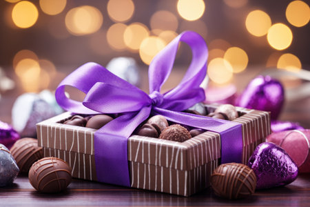 Mixed Chocolates in a Paper Box with a Purple Ribbon Against a Vibrant Backgroundの素材