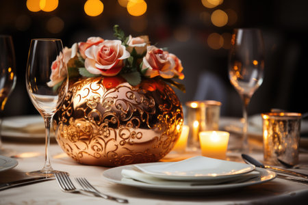 Christmas Themed Romantic Dinner Table with Set Plates and Cutleryの素材