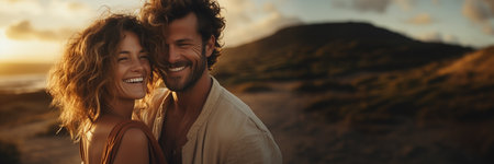 Affectionate couple embracing during a sunset beach date with joyful smilesの素材