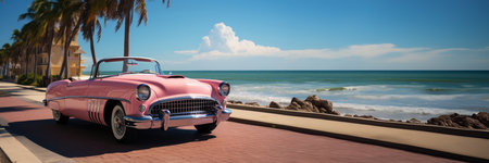Romantic Coastal Drive in a Pink Convertible Carの素材