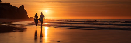 Loving couple walks along the beach at dusk in a serene settingの素材