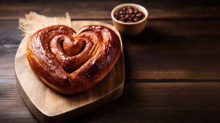 A Cinnamon Roll in the Shape of a Heart Displayed on a Wooden Surface Featuring a Warm Cinnamon Brown and Rich Autumnal Color Schemeの素材