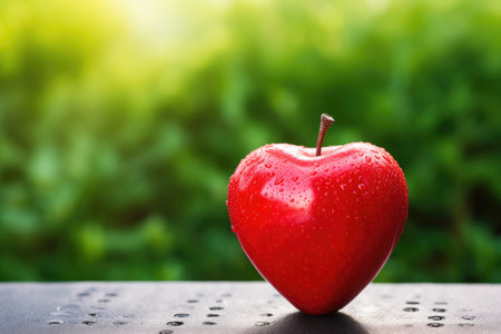 A glossy red apple with a heart shape on a vibrant green natural background color paletteの素材