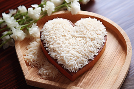 A Heart Shaped Serving of Rice on a Wooden Plate Featuring Pearly White and Earth Toned Brownsの素材