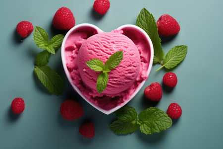 A scoop of raspberry sorbet in the shape of a heart set against a backdrop of mint leaves with a vibrant fuchsia and fresh green color schemeの素材