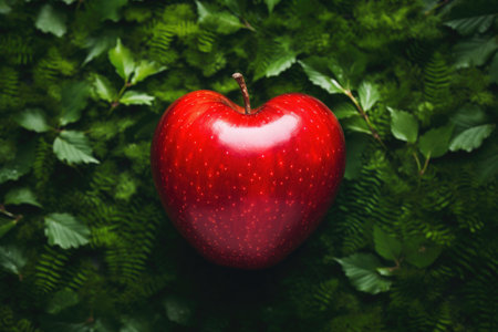 A Glossy Red Apple Against a Vibrant Green Grass and Leaves Backgroundの素材