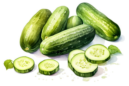 Sumptuous Watercolor Cucumber Showcase on White Backgroundの素材