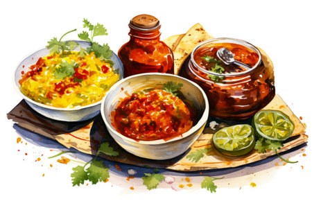 Zesty Watercolor Mexican Cuisine Ensemble on White Backgroundの素材