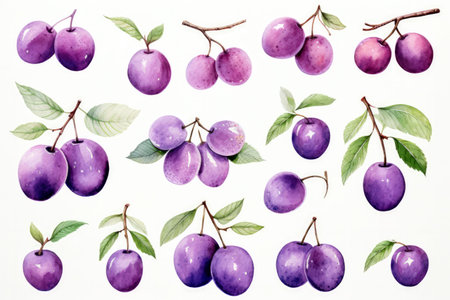 Plum Perfect Watercolor Collection on White Backgroundの素材