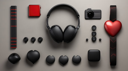 Black headphones with red heart, smartphone and wristwatch on gray backgroundの素材