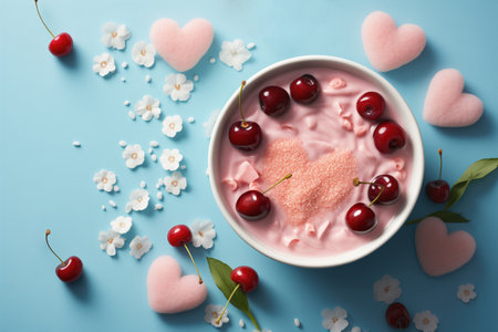 Cherry yogurt with flowers and hearts on blue background, top viewの素材