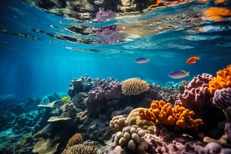Underwater view of coral reef with tropical fishes and corals.の素材