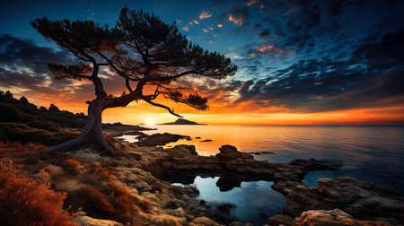 Beautiful seascape with a lonely pine tree at sunset.の素材