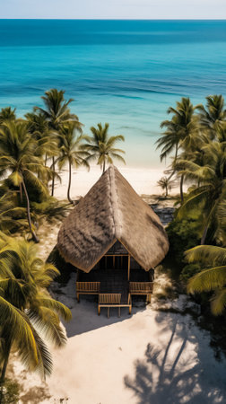 Aerial View of a Solitary Thatched Hut on a Remote Tropical Beach with Space for Textの素材