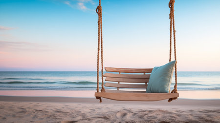 Twilight Panorama of an Oceanfront Swing over Gentle Sands with Space for Textの素材