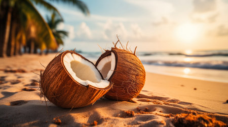 Sunset Tropical Beach with Coconut Cocktail and Space for Textの素材