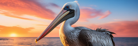 Tranquil Sunset with Pelican Perched on Dock and Ample Space for Textの素材