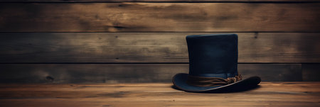 A single Abraham Lincoln's stovepipe hat placed on a textured wooden surface background with empty space for textの素材
