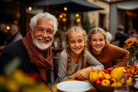 Happy senior man with two young girls smiling at a festive dinner table, encapsulating a warm, family holiday gatheringの素材