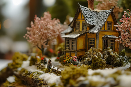 Miniature fairy tale cottage surrounded by a detailed landscape of faux trees and moss, suggesting a whimsical, fantasy conceptの素材