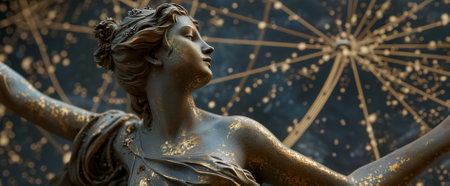 A close up of a bronze sculpture of a classical woman with an ornate starburst pattern in the background, exuding an aura of mythology or astrologyの素材