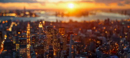 Aerial view of a city skyline at sunset with warm glowing lights blurring into a bokeh effect, symbolizing urban life or economic growthの素材
