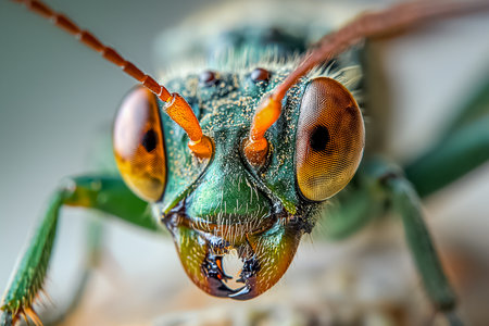 Extreme close up of a colorful insect, showcasing intricate details of its compound eyes, antennae, and textured exoskeleton; suitable for nature and macro photography themesの素材