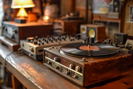 Vintage turntable with a vinyl record on a wooden surface in a cozy room, symbolizing nostalgia for retro music technologyの素材