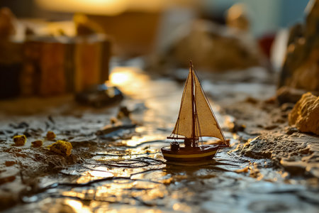 Miniature sailboat on a puddle amidst a rocky surface, illuminated by a warm, golden light, creating a tranquil and adventurous sceneの素材