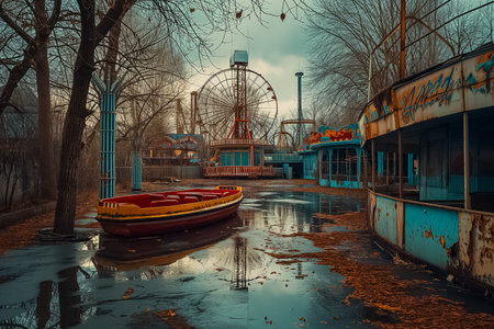 Abandoned amusement park with a rusty Ferris wheel and decaying bumper cars surrounded by bare trees on a cloudy day, evoking a sense of urban decayの素材