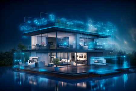 Futuristic smart home concept with blue holographic technology interface on a modern house at nightの素材