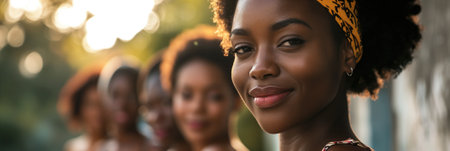 Group of joyful African women posing together with the focus on a smiling woman in the foreground at golden hourの素材