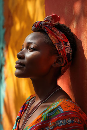 Profile of a serene young African woman with a colorful headscarf against an orange and yellow mural, conveying a sense of cultural beauty and prideの素材