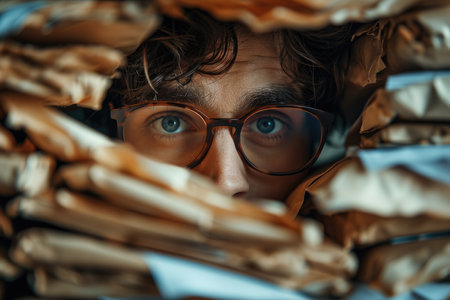 A person with glasses peering through a chaotic assortment of crumpled papers, conveying a concept of stress, overload, or searching for solutionsの素材