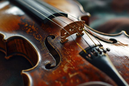 Close up of a vintage violin on a wooden surface highlighting the craftsmanship and beauty of the instruments body and stringsの素材