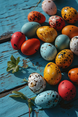 Colorful painted Easter eggs scattered on a rustic blue wooden background with a touch of green foliageの素材