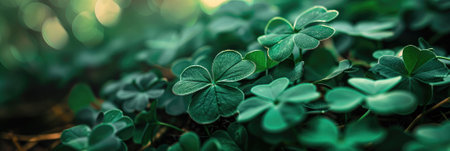 A serene expanse of green clover leaves fills the frame, symbolizing luck and associated with Saint Patricks Dayの素材