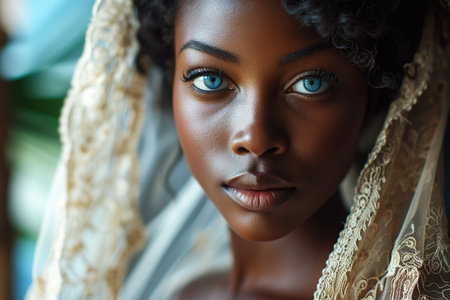 Portrait of a serene young woman with striking blue eyes draped in delicate lace, evoking a sense of elegance and tranquilityの素材