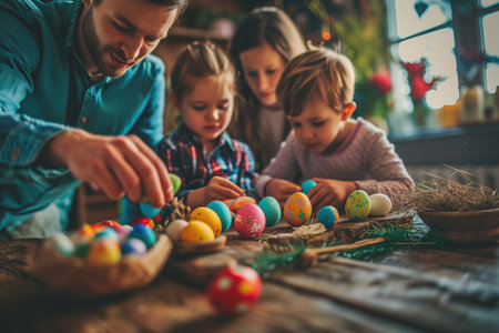 Family decorating colorful eggs together for Easter celebration on a rustic wooden tableの素材