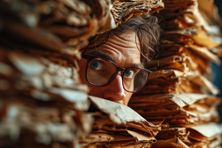 Person with glasses peeking through a gap in a large pile of documents, depicting concepts of curiosity, research, or information overloadの素材