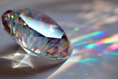 A single diamond reflecting a spectrum of colors on a smooth surface, symbolizing luxury and wealthの素材