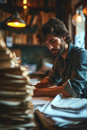 Focused man with beard working on paperwork in a cozy, lamp lit room with bookshelves in the backgroundの素材