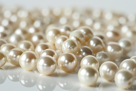 A close up image of scattered, lustrous white pearls on a reflective surface, conveying luxury and eleganceの素材