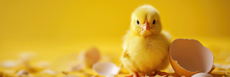 An adorable yellow chick surrounded by eggshell fragments against a vibrant yellow background, symbolizing Easter or the concept of new beginningsの素材