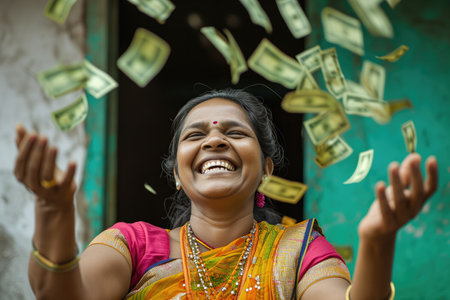 Joyful Indian woman celebrating prosperity by tossing money into the air, possibly depicting a festive or financial success conceptの素材