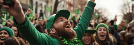 Joyful crowd celebrating St Patricks Day wearing green hats and accessoriesの素材
