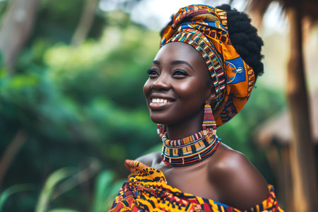 A joyful African woman in traditional attire with a headscarf and beaded jewelry, symbolizing cultural heritage and beautyの素材